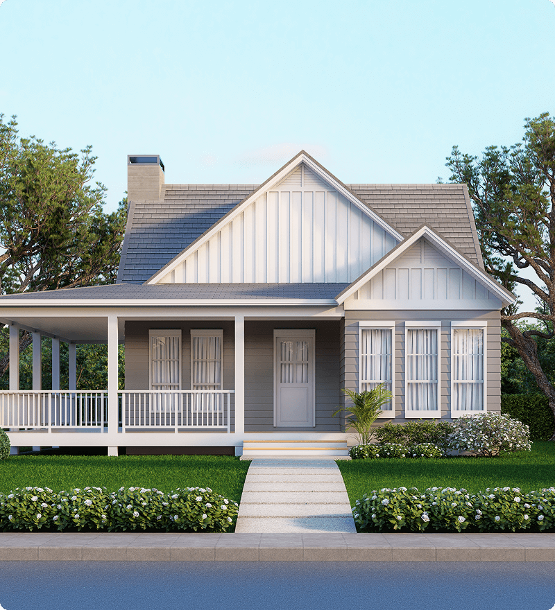 White and gray house with front porch.