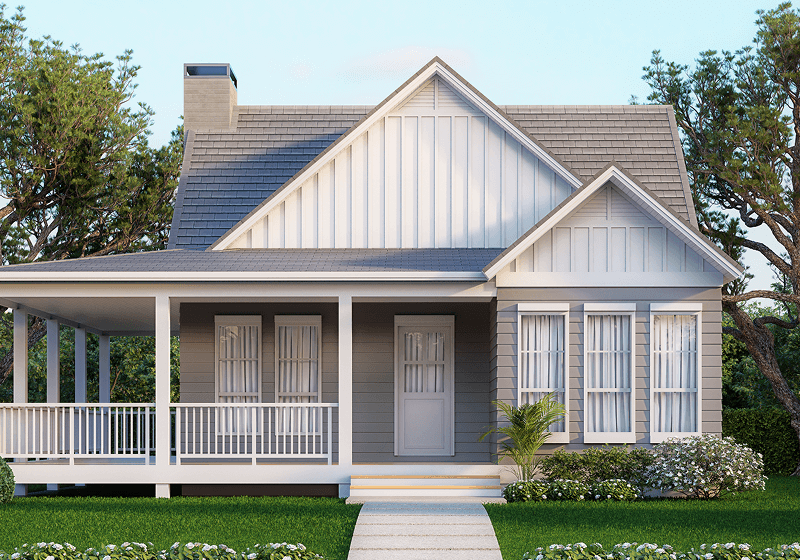 White and gray house with front porch.