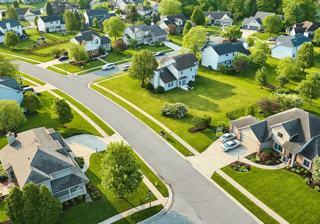 Aerial view of suburban neighborhood with houses.